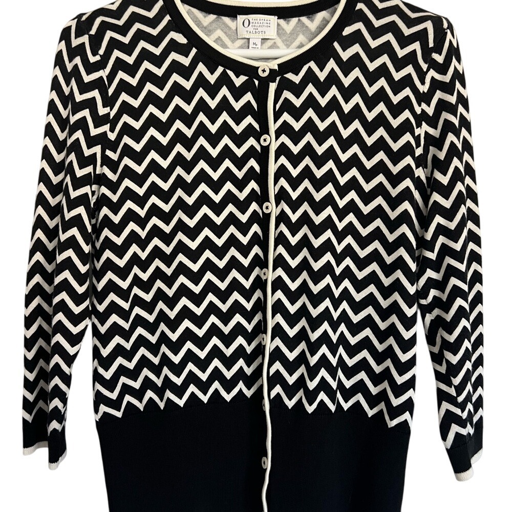 Talbots Oprah Magazine Collection Black White Zig Zag Cardigan Sweater MP Petite